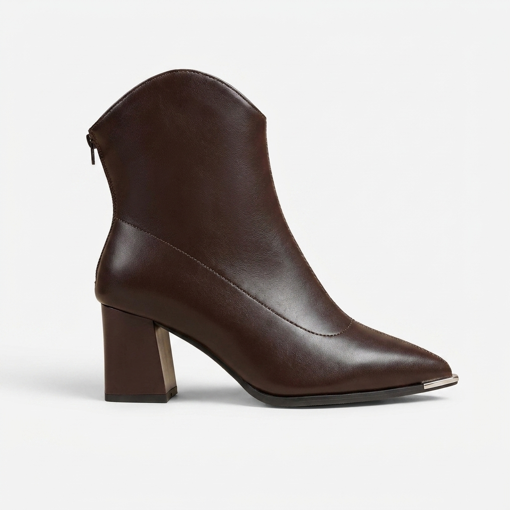 Women's Leather Block Heel Pointed Toe Ankle Boots