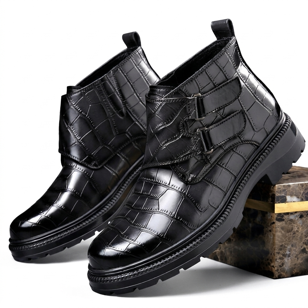 Men's Leather Croc-Embossed Ankle Boots