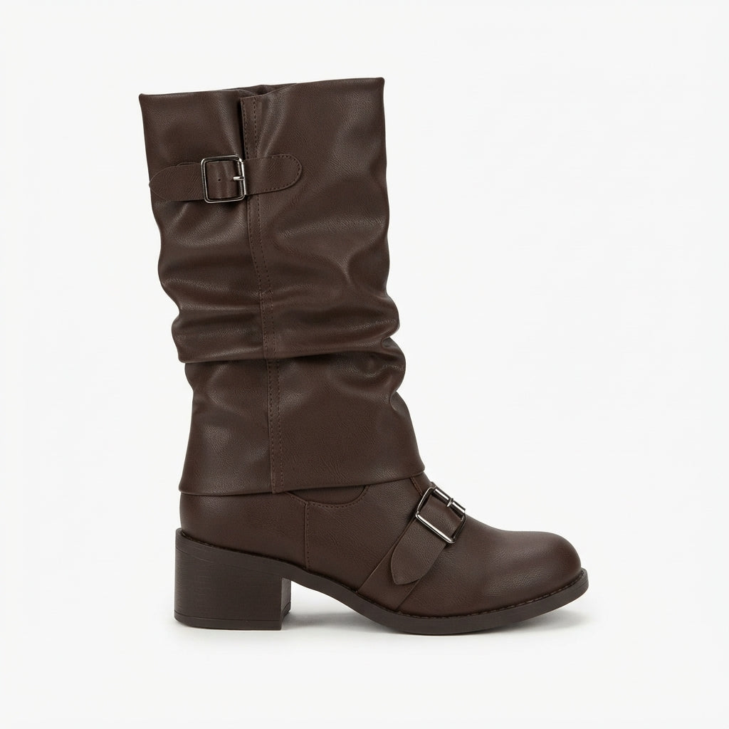 Women's Heeled Knee High Buckle Boots