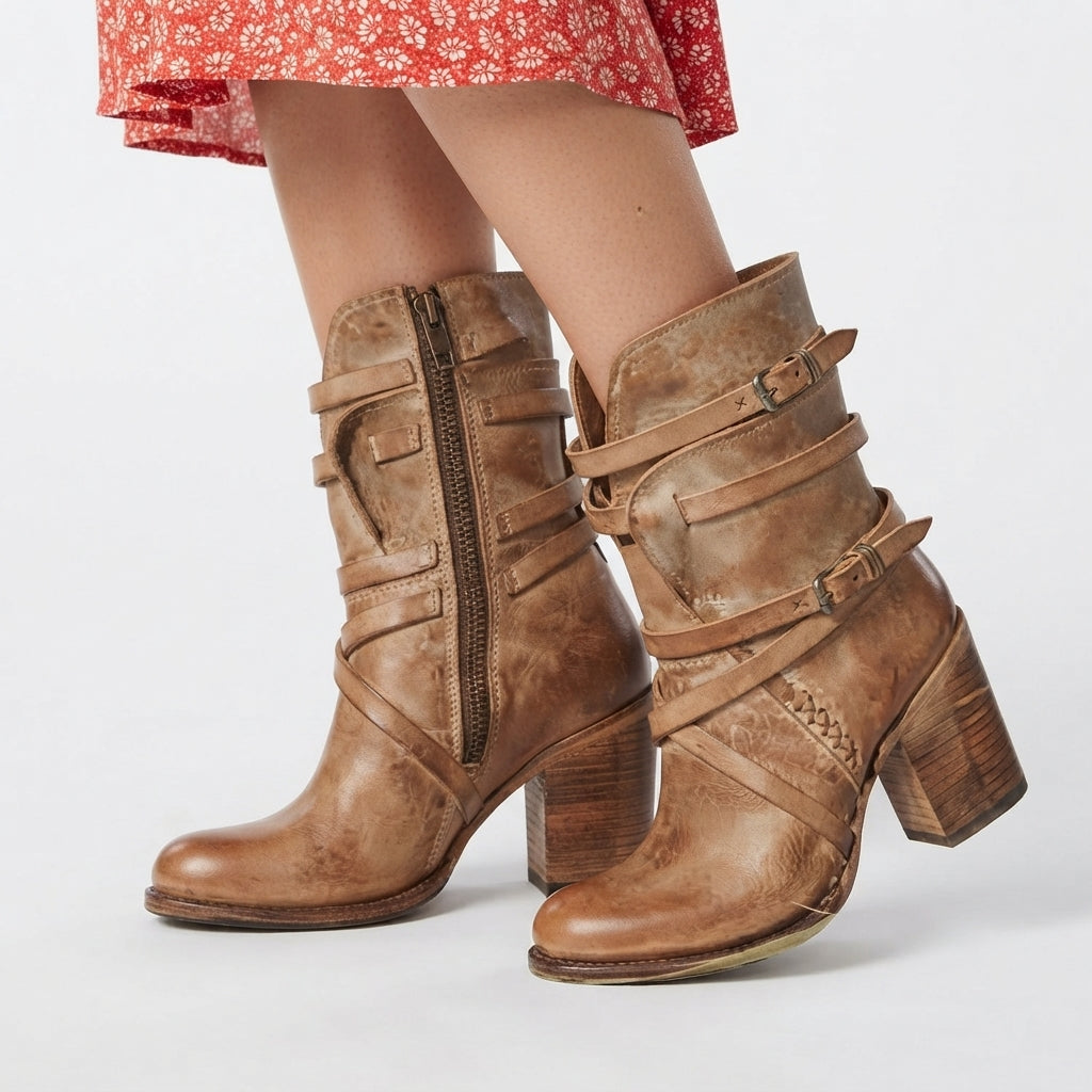 Women's Comfortable Heeled Retro Biker Boots