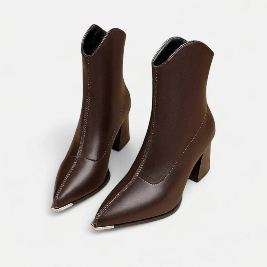 Women's Leather Block Heel Pointed Toe Ankle Boots