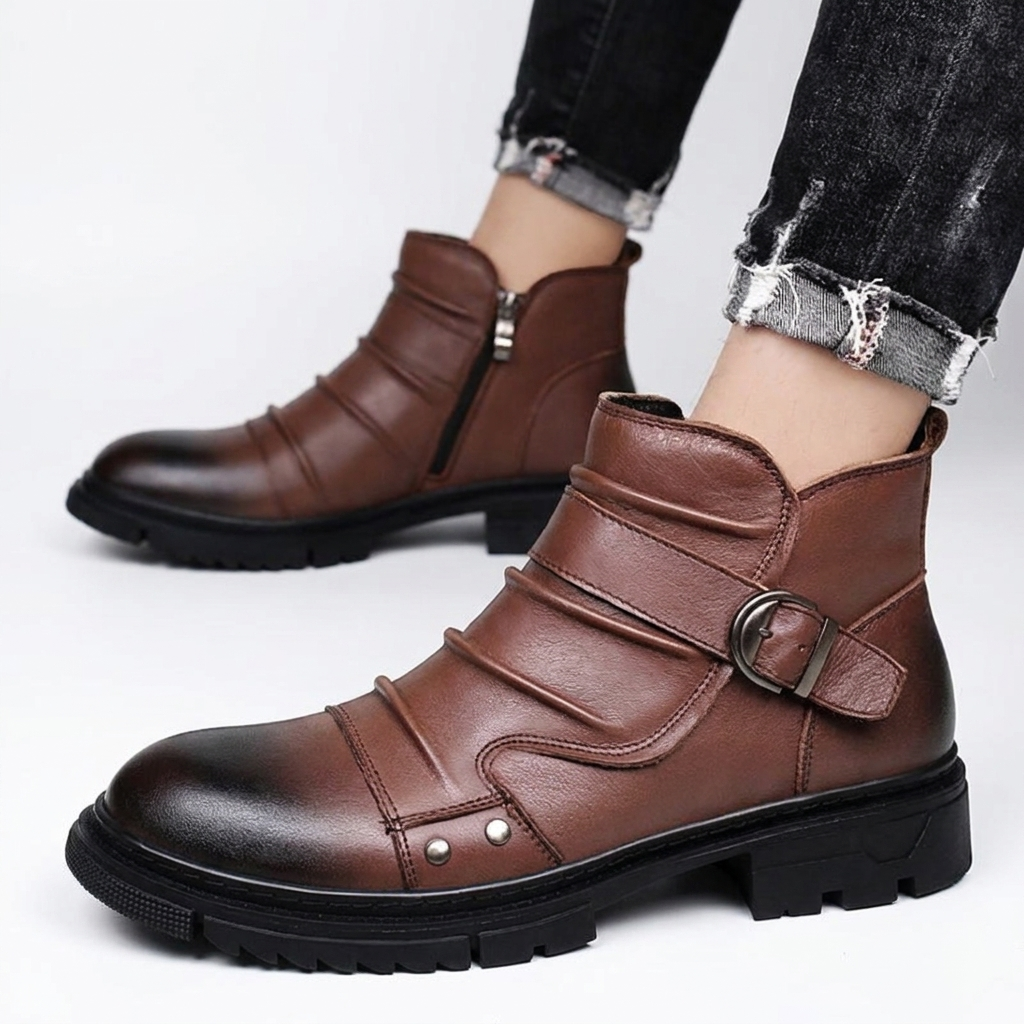 Men's Buckle Strap Leather Ankle Boots