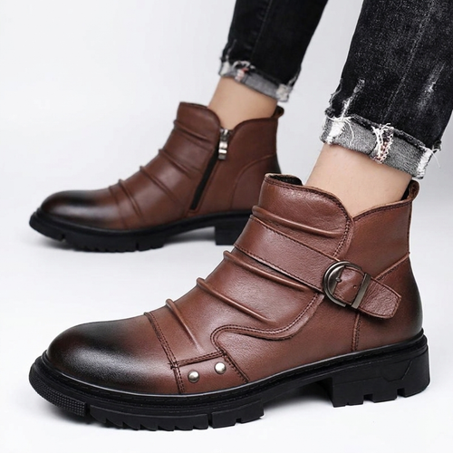 Men's Buckle Strap Leather Ankle Boots