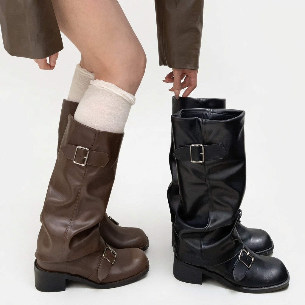 Women's Heeled Knee High Buckle Boots