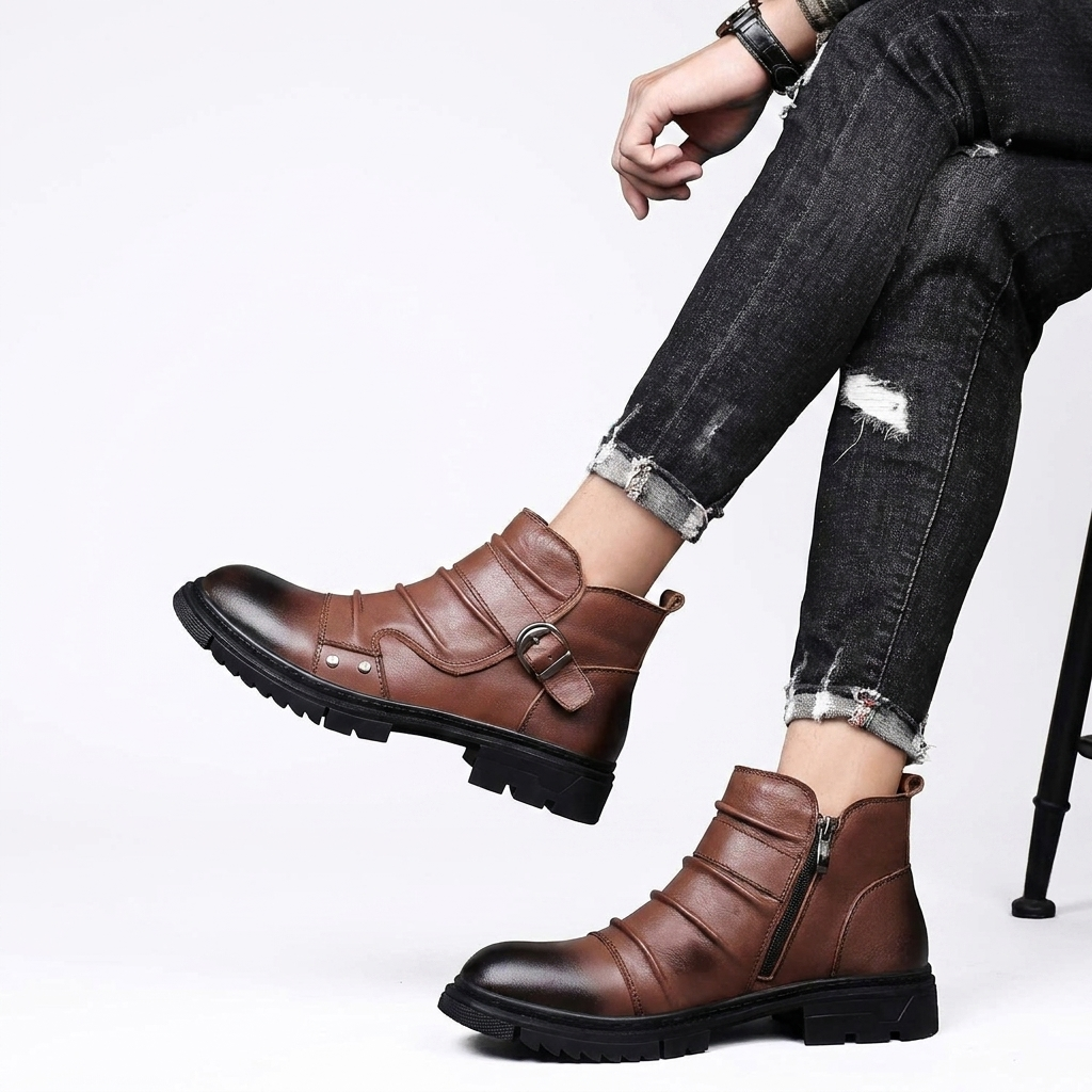 Men's Buckle Strap Leather Ankle Boots