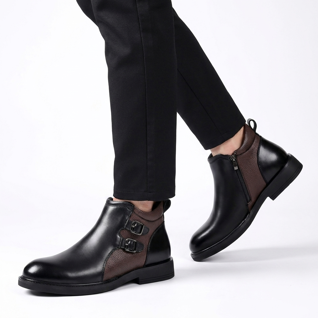 Men's Leather Double Buckle Ankle Boots