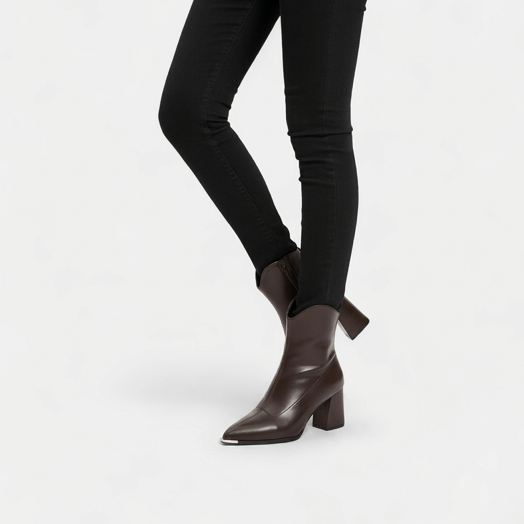 Women's Leather Block Heel Pointed Toe Ankle Boots