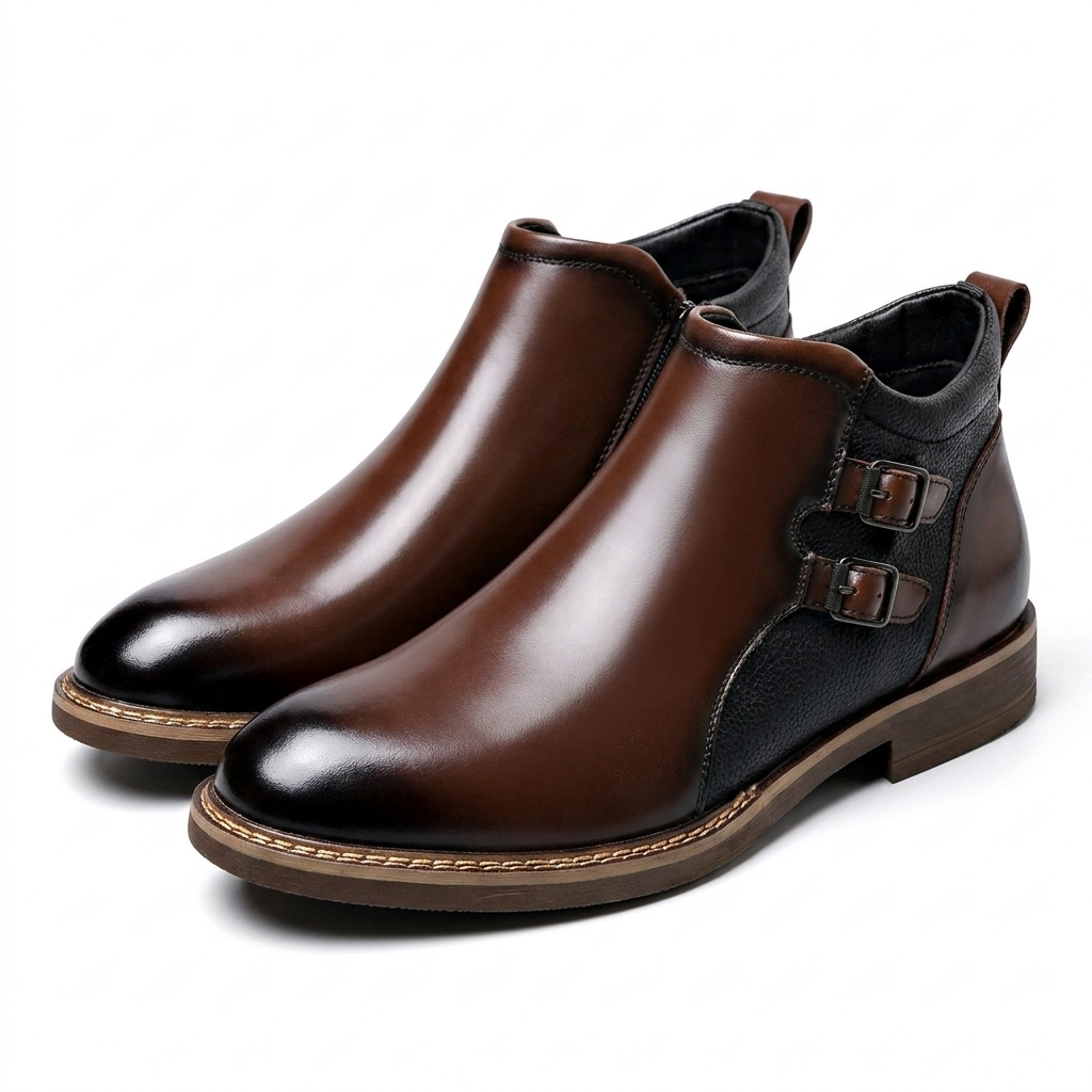 Men's Leather Double Buckle Ankle Boots