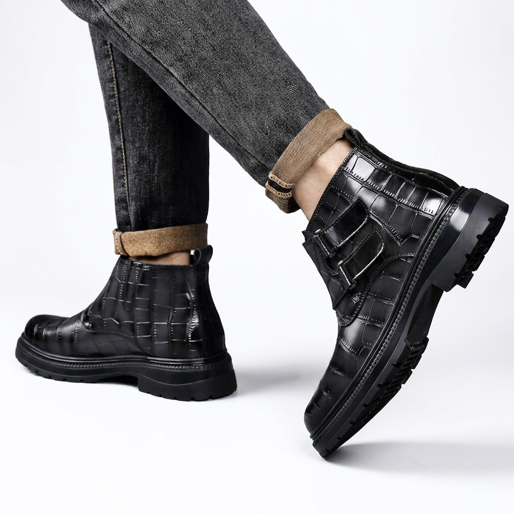 Men's Leather Croc-Embossed Ankle Boots
