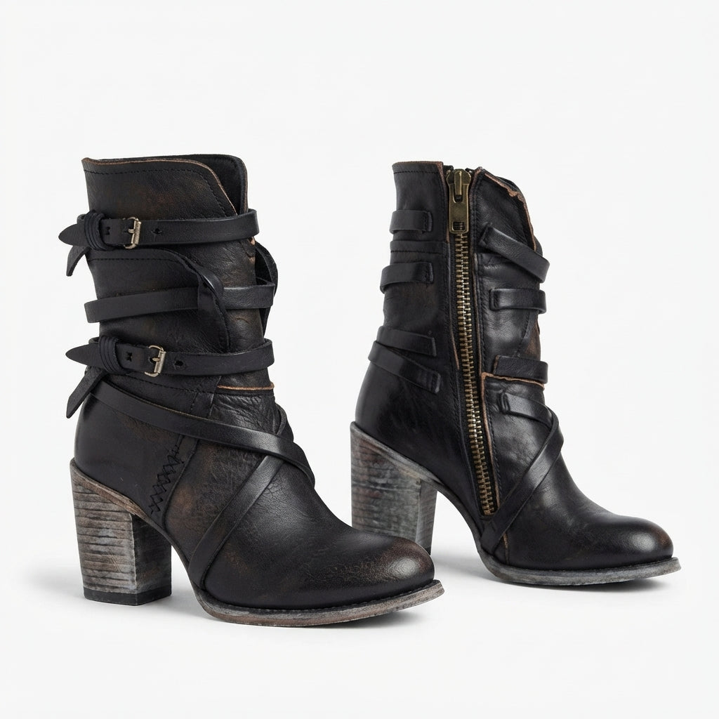 Women's Comfortable Heeled Retro Biker Boots