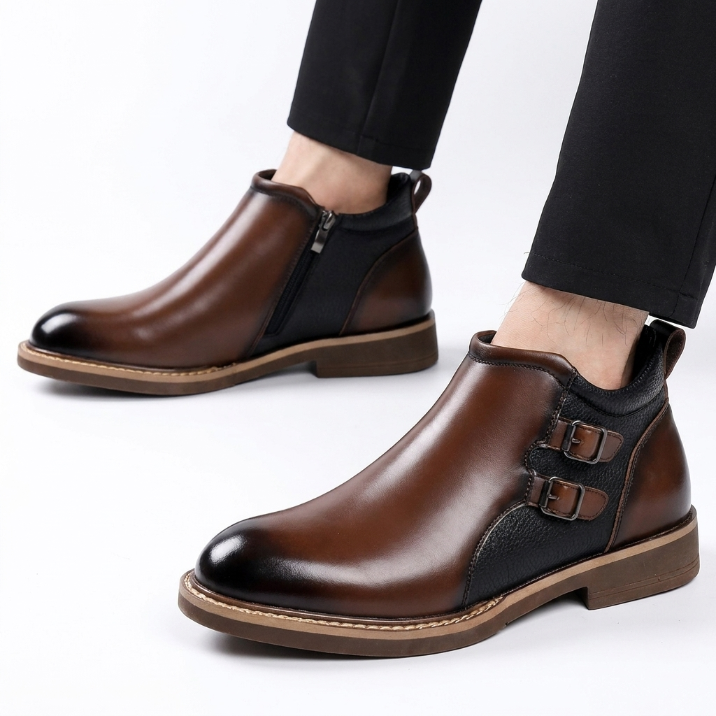 Men's Leather Double Buckle Ankle Boots