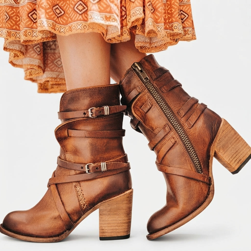 Women's Comfortable Heeled Retro Biker Boots