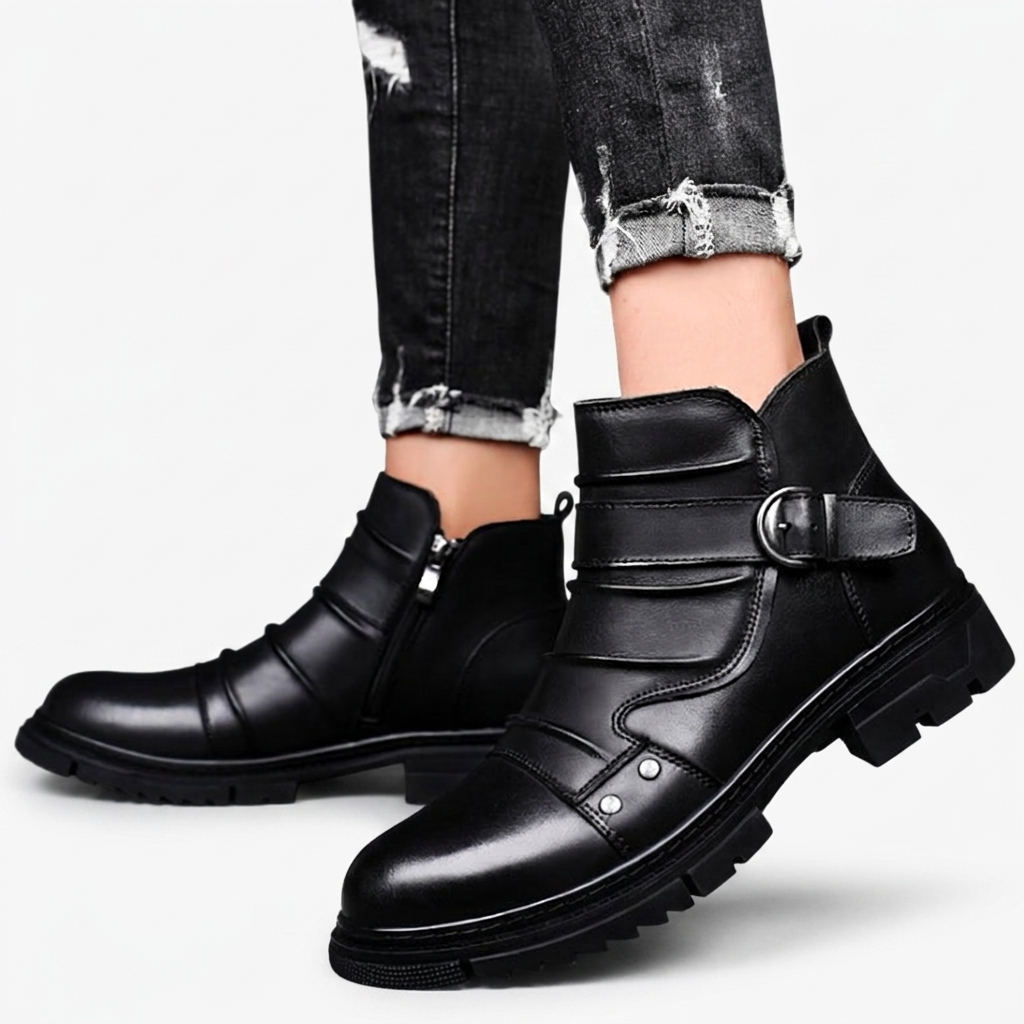 Men's Buckle Strap Leather Ankle Boots
