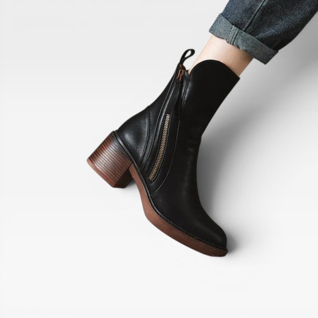 Women's Leather Ankle Boots – Pointed Toe Stacked Heel Zip Up Western Style